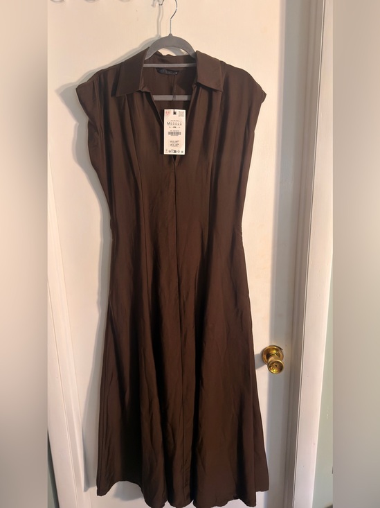 Zara Dresses & Skirts - Zara Brown Cap-Sleeve Midi Shirt Dress NWT (small flaw pic 6)
